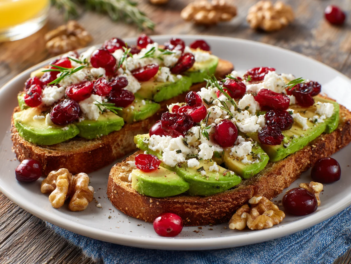 Avocado Toast with Feta Cheese Cherry Tomatoes Cranberries and Walnuts