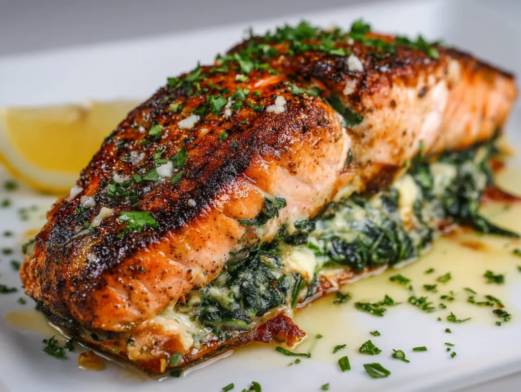 Blackened Salmon Stuffed with Spinach and Parmesan
