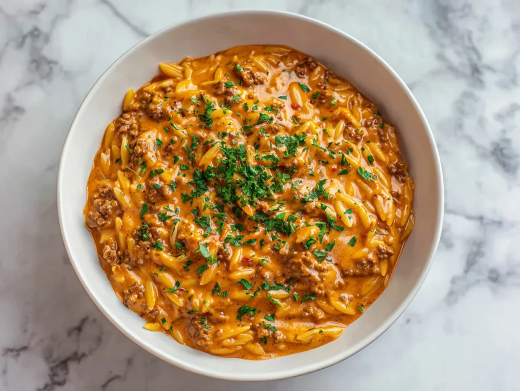 Ground Beef Orzo with Tomato Cream Sauce