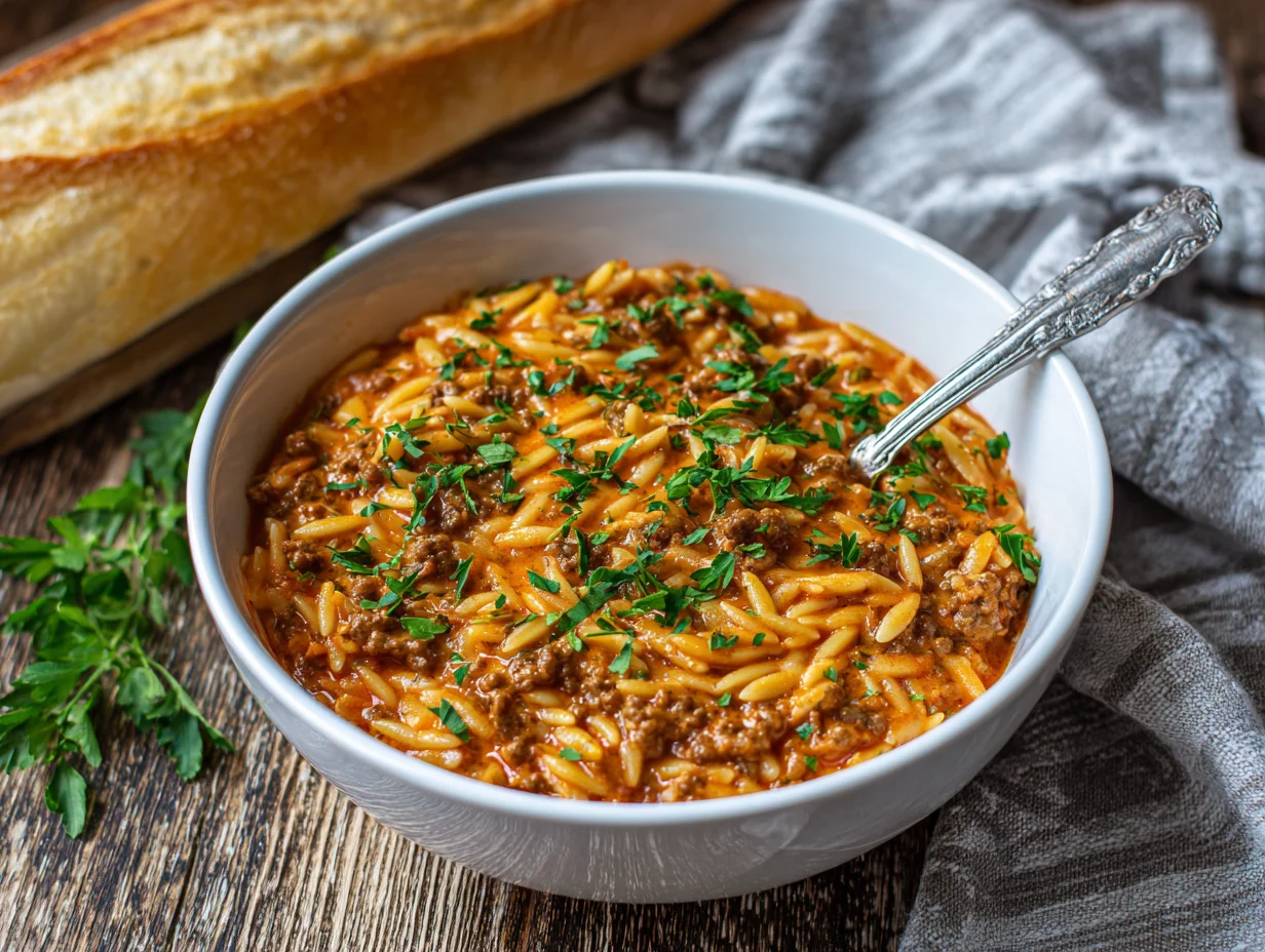 Ground Beef Orzo with Tomato Cream Sauce