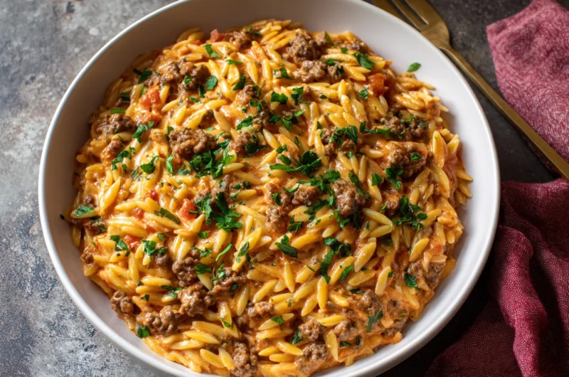 Ground Beef Orzo with Tomato Cream Sauce Recipe