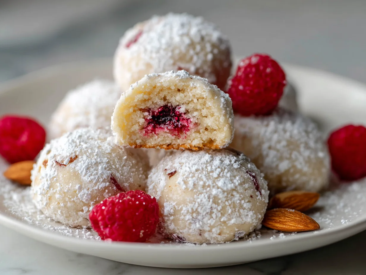 Raspberry Filled Almond Snowball Cookies