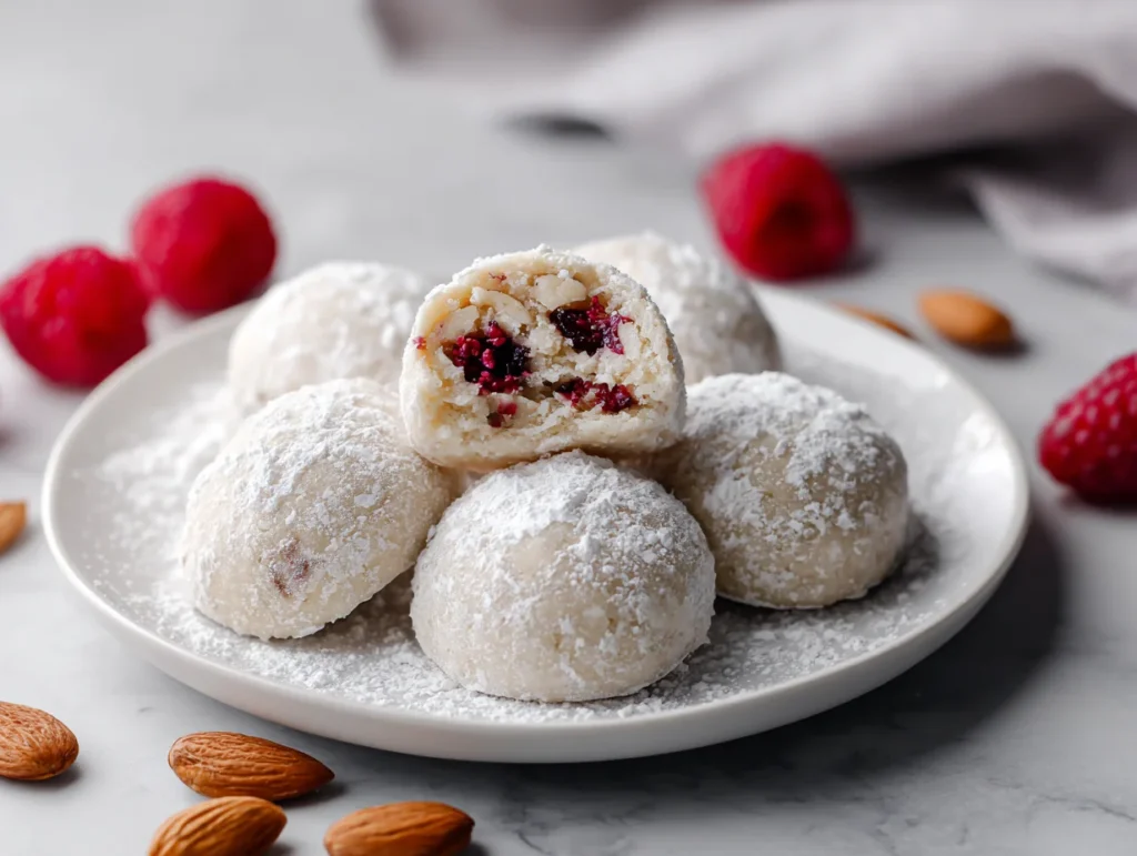 Raspberry Filled Almond Snowball Cookies
