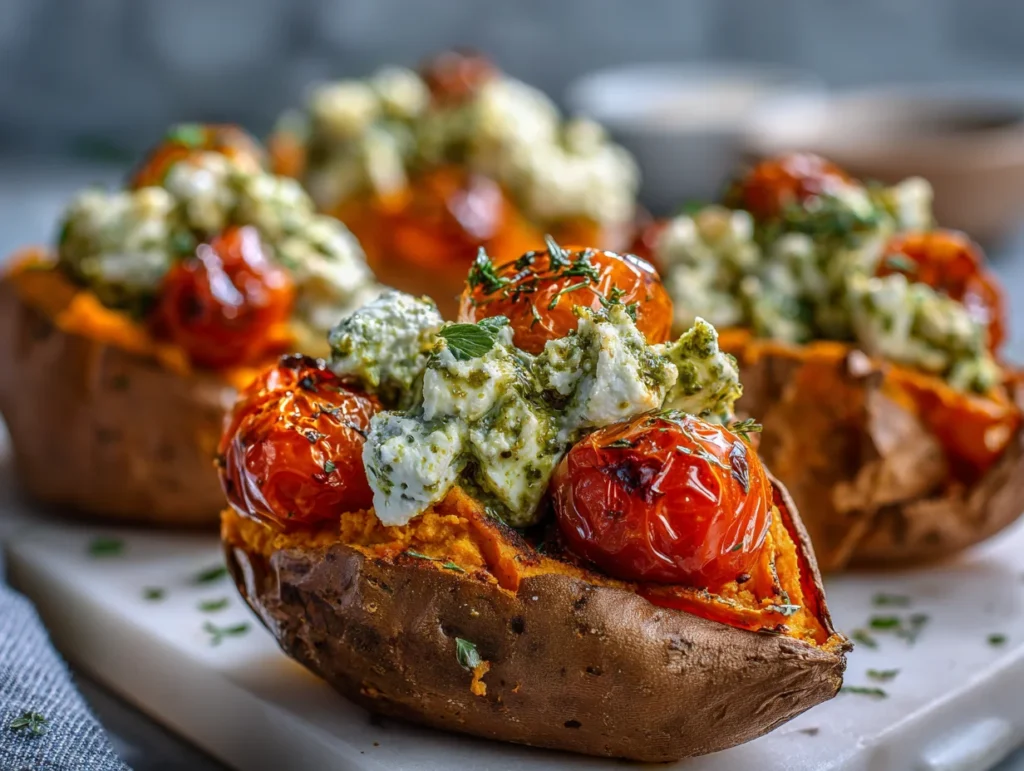 Roasted Sweet Potatoes Stuffed with Ricotta Cherry Tomatoes Pesto