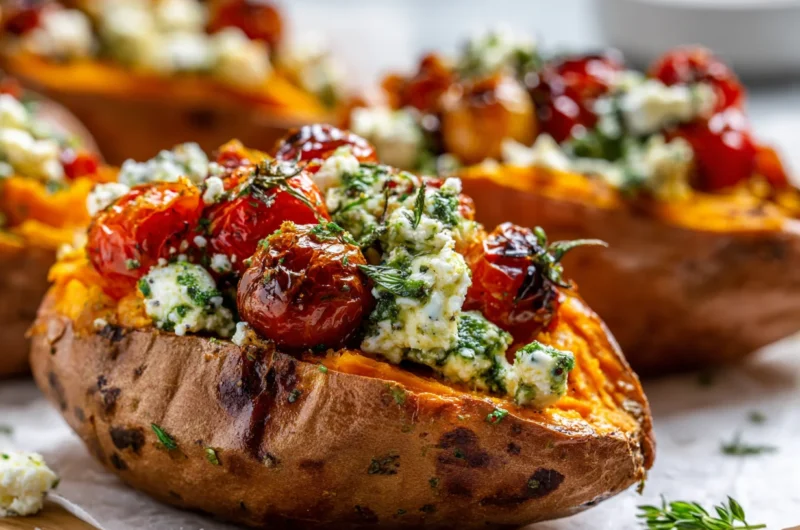 Roasted Sweet Potatoes Stuffed with Ricotta Cherry Tomatoes Pesto Recipe