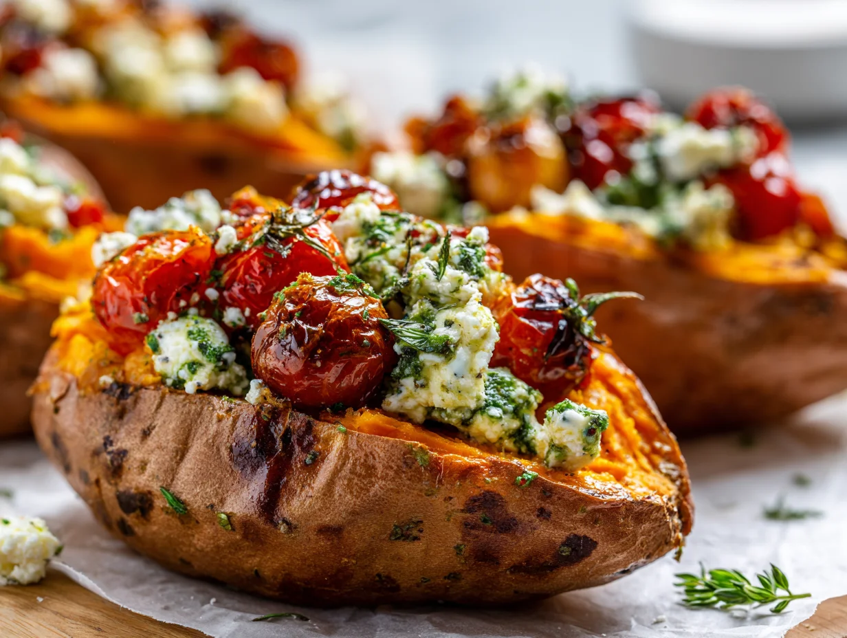 Roasted Sweet Potatoes Stuffed with Ricotta Cherry Tomatoes Pesto