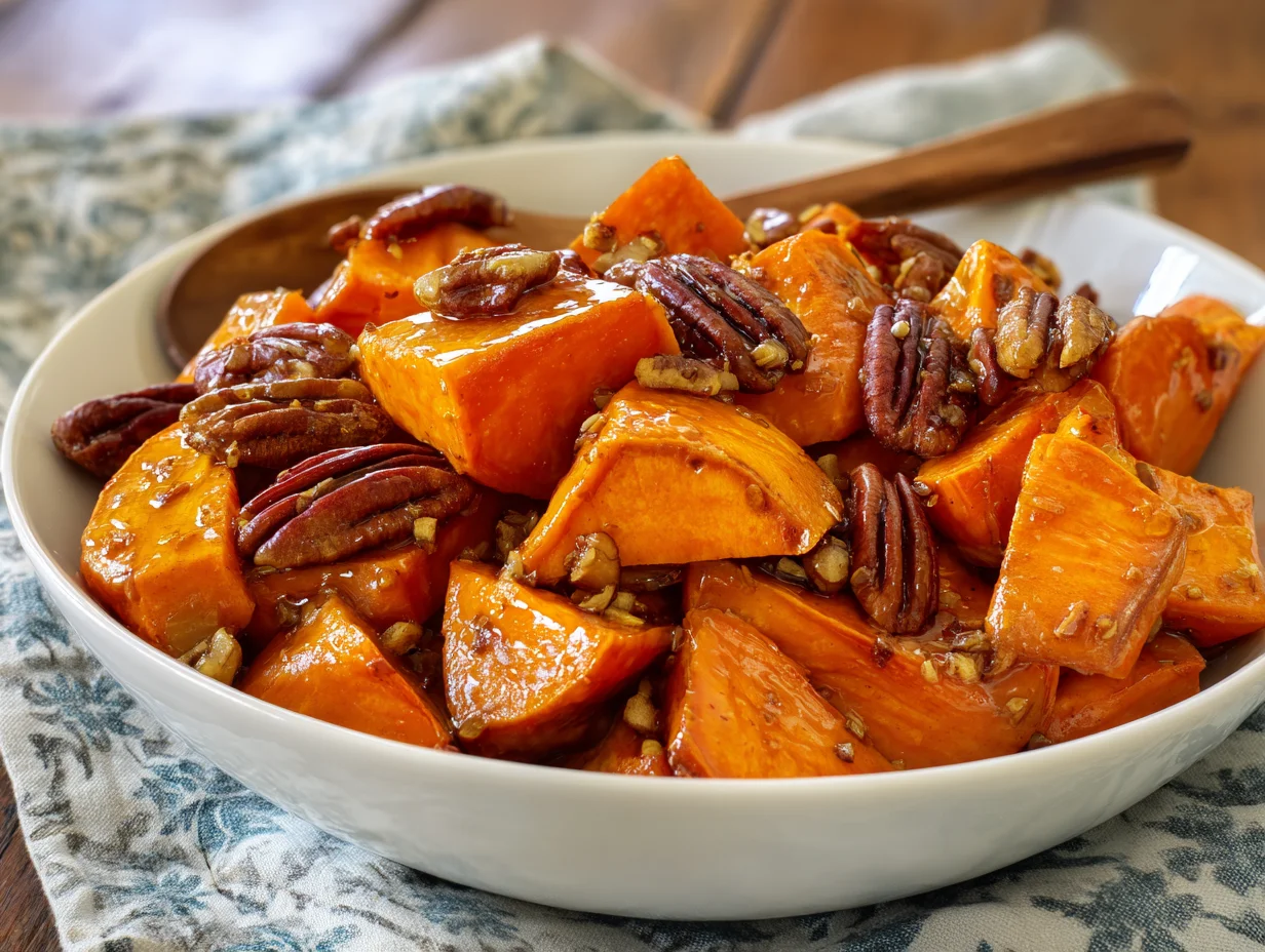 Roasted Sweet Potatoes with Maple Dijon Glaze Pecans