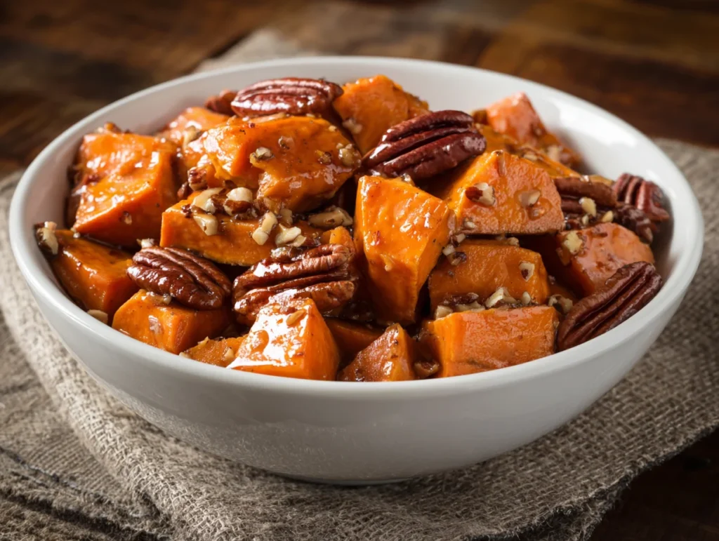 Roasted Sweet Potatoes with Maple Dijon Glaze Pecans