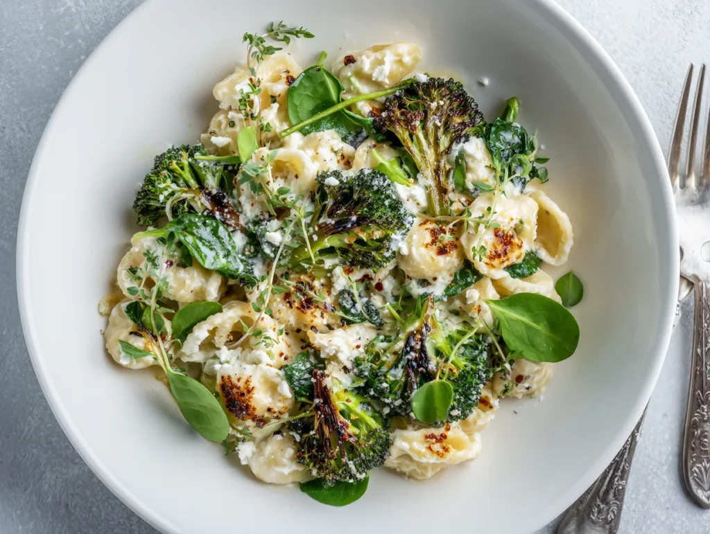 Skillet Ricotta Pasta with Roasted Broccoli and Spinach