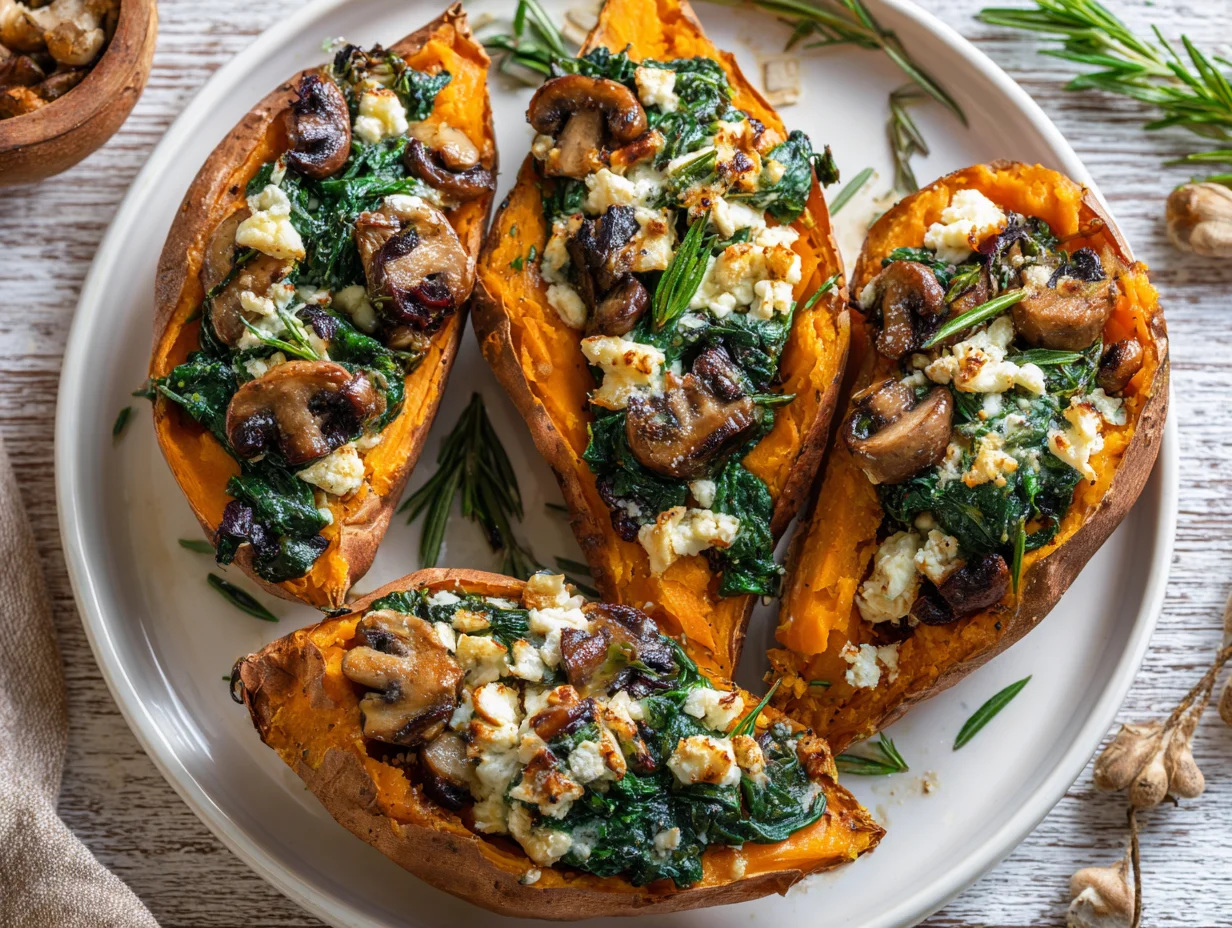 Stuffed Sweet Potatoes with Spinach Mushroom Feta and Rosemary