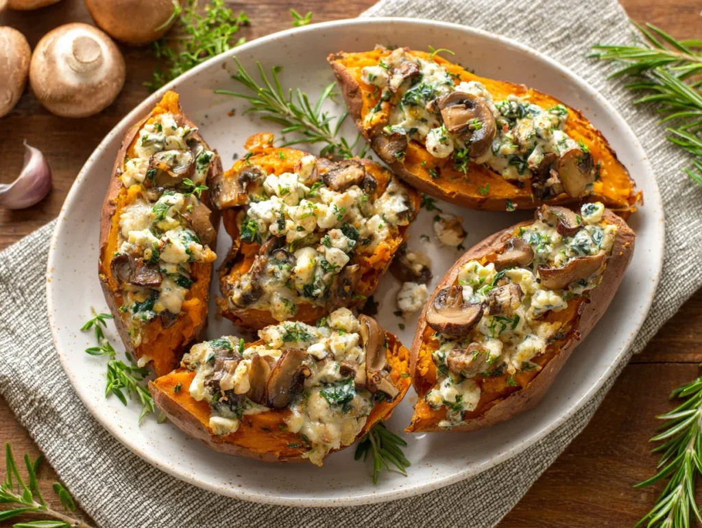 Stuffed Sweet Potatoes with Spinach Mushroom Feta and Rosemary