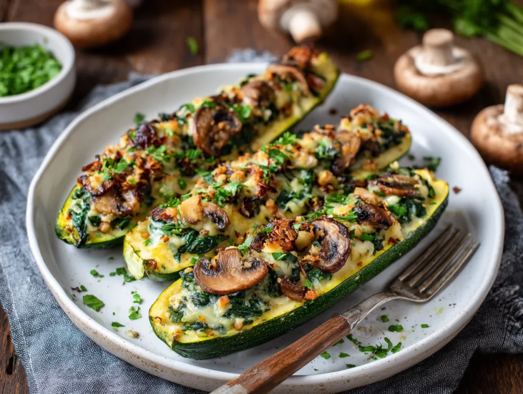 Stuffed Zucchini Boats with Spinach and Mushrooms