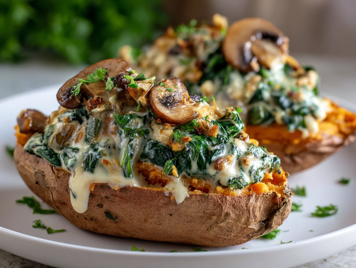 Creamy Mushroom and Spinach Stuffed Sweet Potatoes