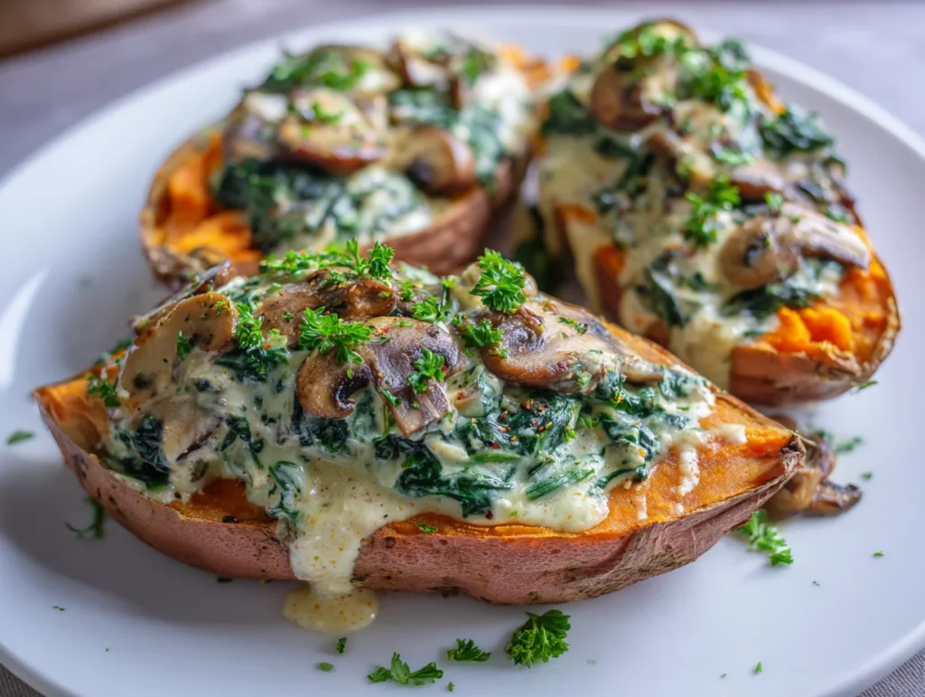 Creamy Mushroom and Spinach Stuffed Sweet Potatoes