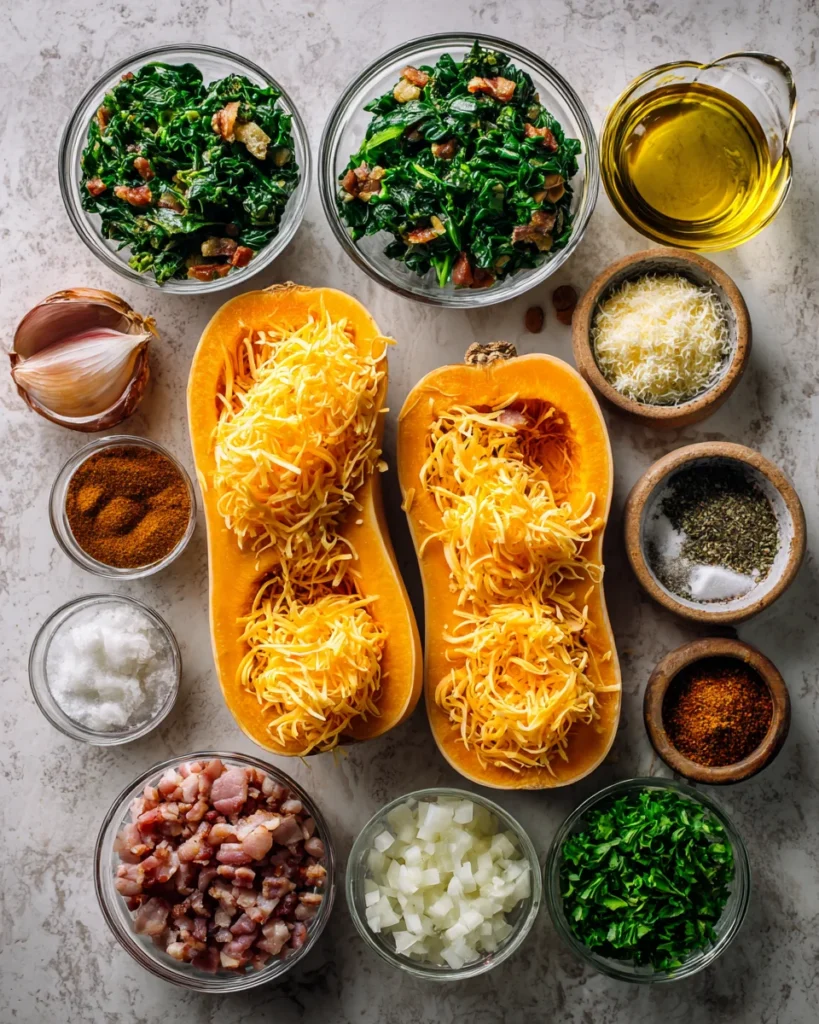 Stuffed Butternut Squash with Spinach Bacon Cheese