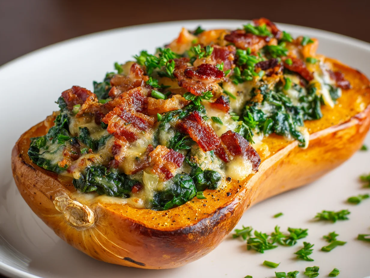 Stuffed Butternut Squash with Spinach Bacon Cheese