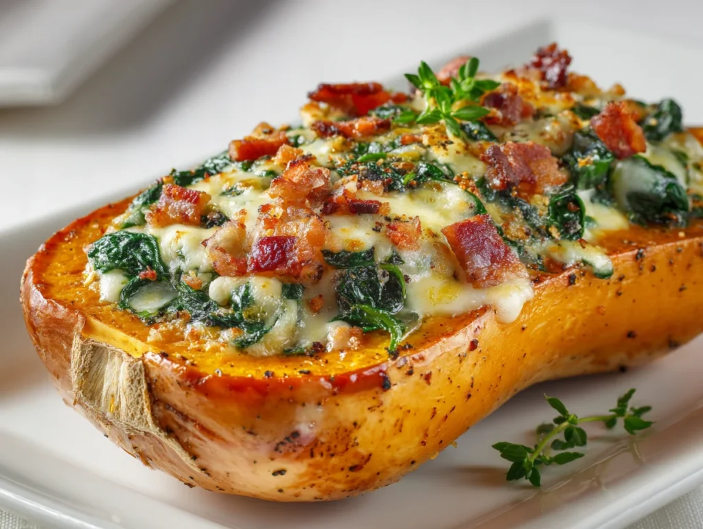Stuffed Butternut Squash with Spinach Bacon Cheese