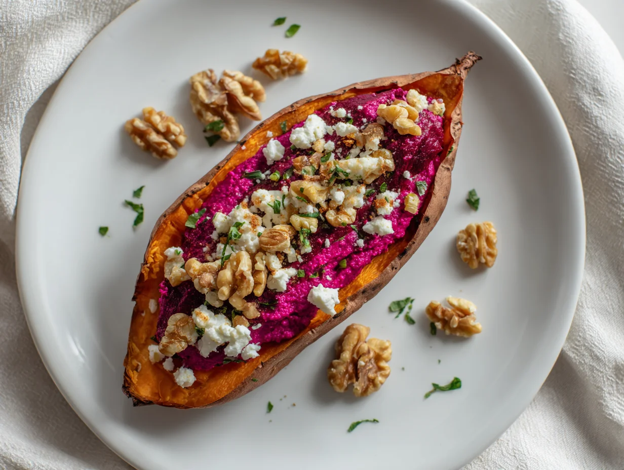 Stuffed Sweet Potato with Beet Hummus Goat Cheese Walnuts