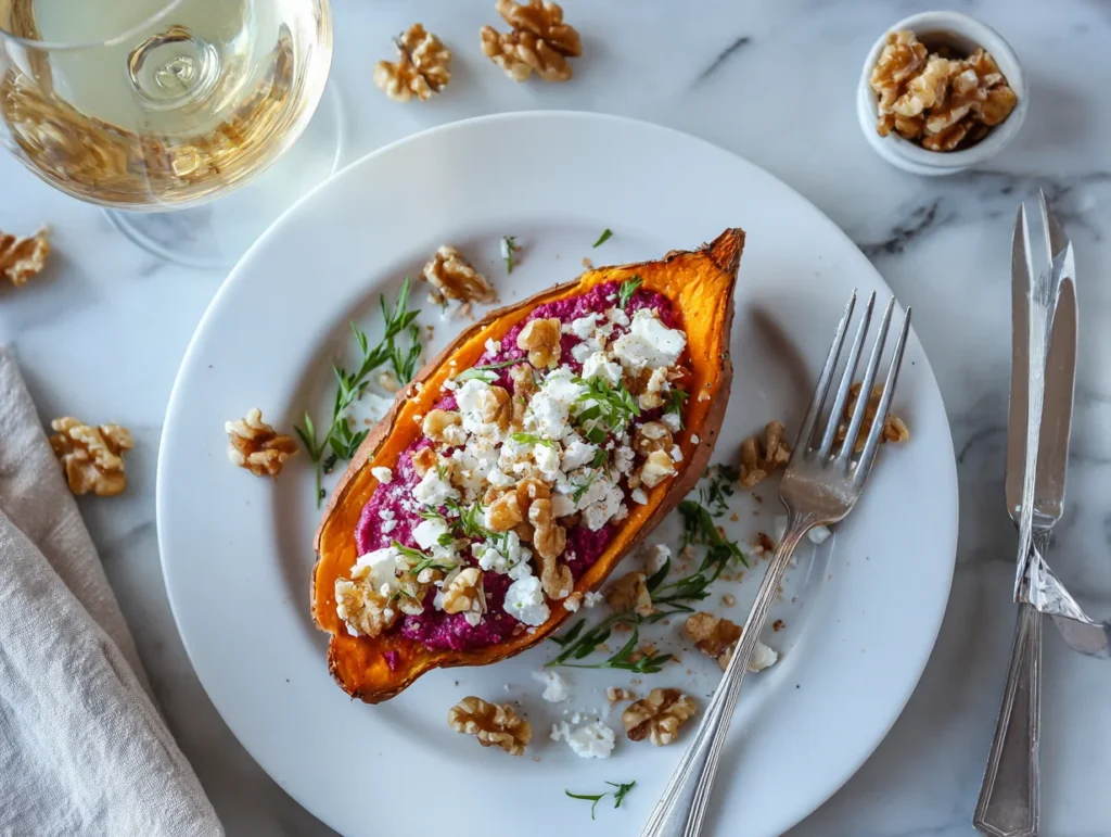 Stuffed Sweet Potato with Beet Hummus Goat Cheese Walnuts