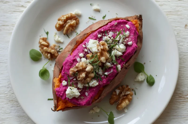 Stuffed Sweet Potato with Beet Hummus Goat Cheese Walnuts Recipe