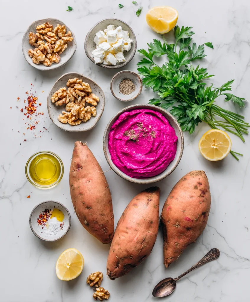 Stuffed Sweet Potato with Beet Hummus Goat Cheese Walnuts