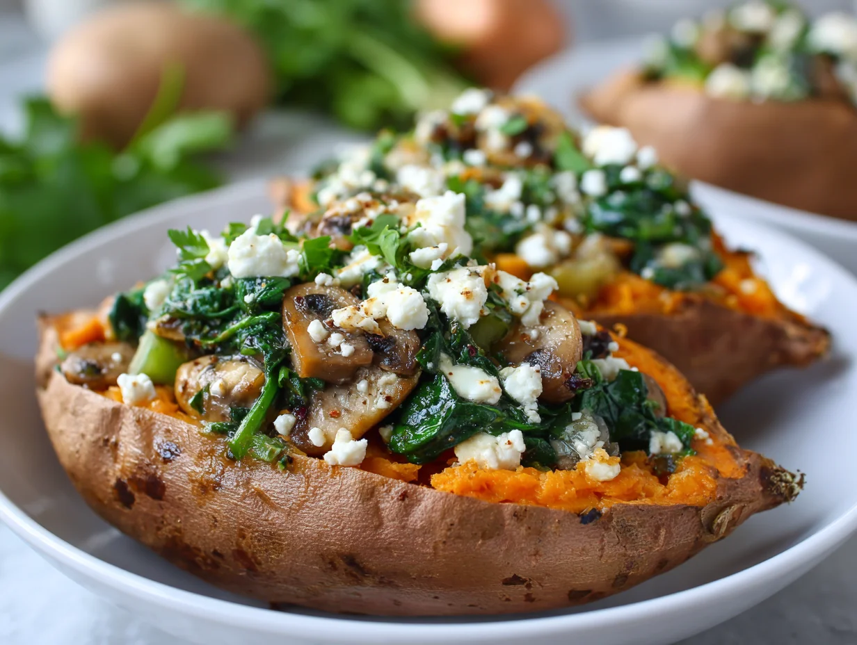 Stuffed Sweet Potatoes with Spinach Mushroom and Feta