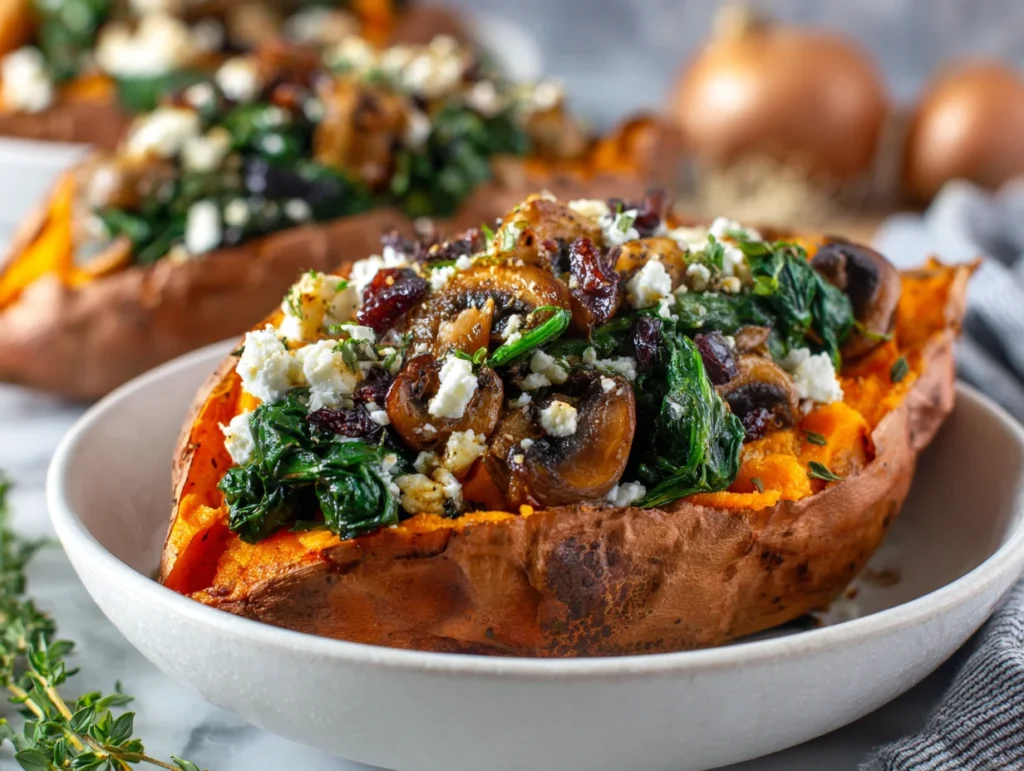 Stuffed Sweet Potatoes with Spinach Mushroom and Feta