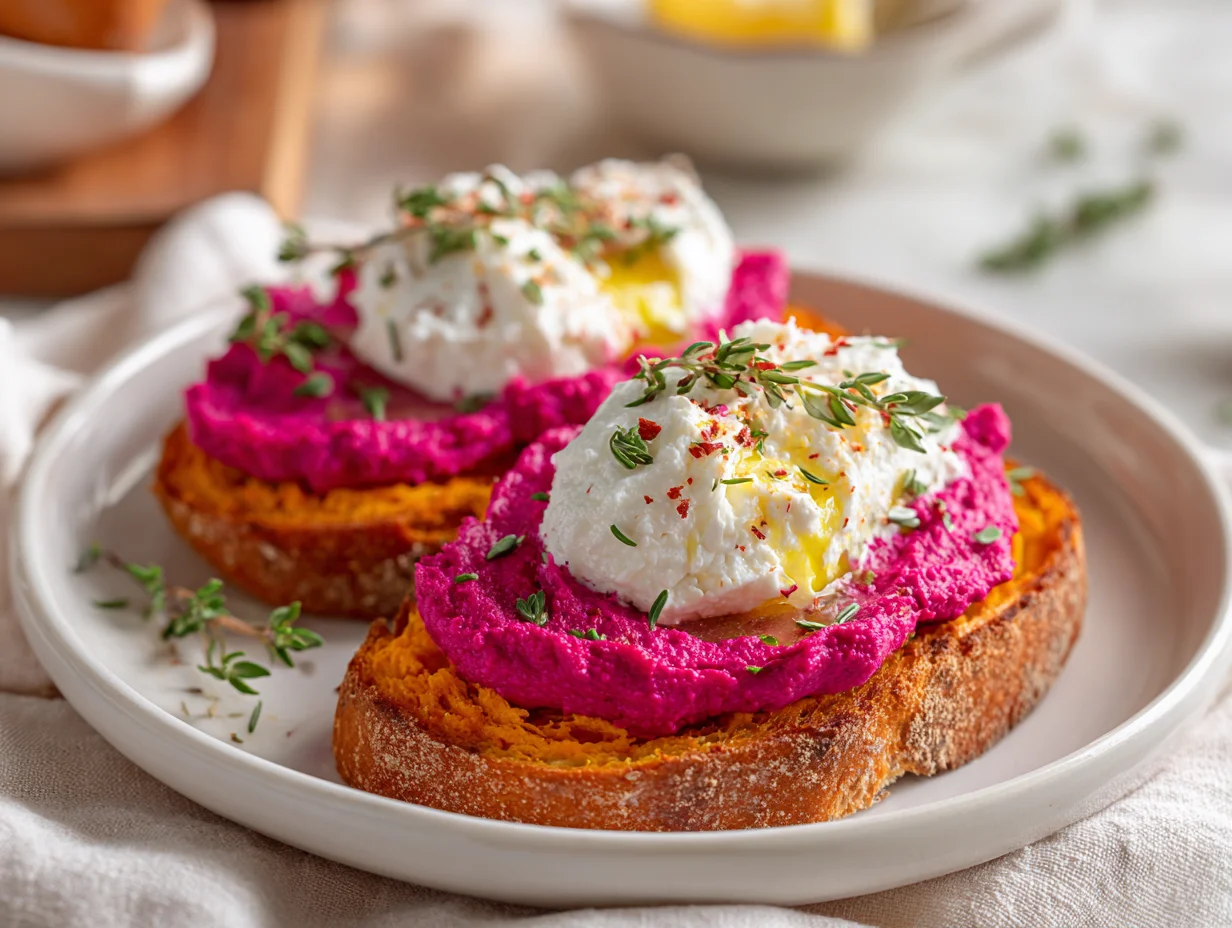 Sweet Potato Toast with Beet Hummus Burrata