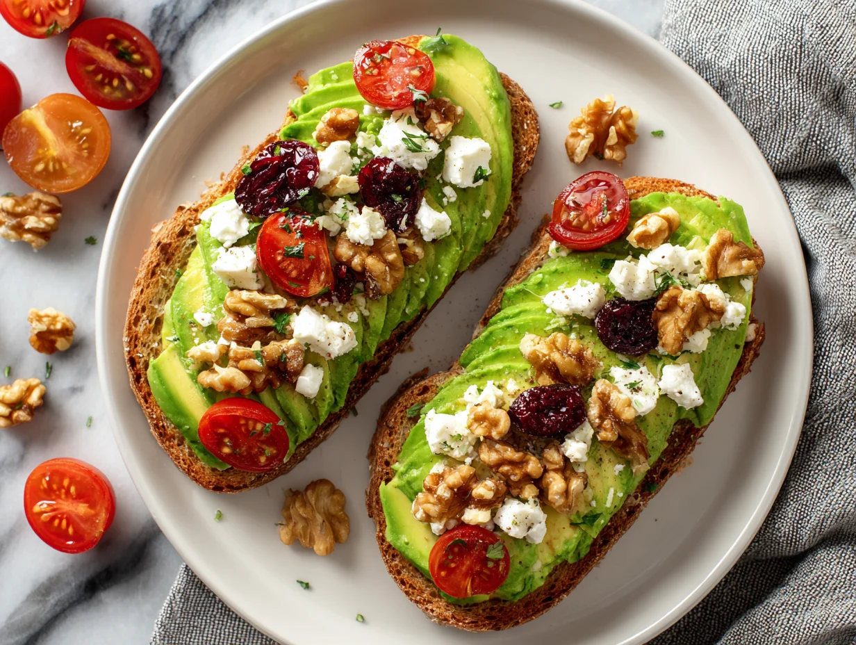 Avocado Toast with Feta Cherry Tomatoes Cranberries Walnuts