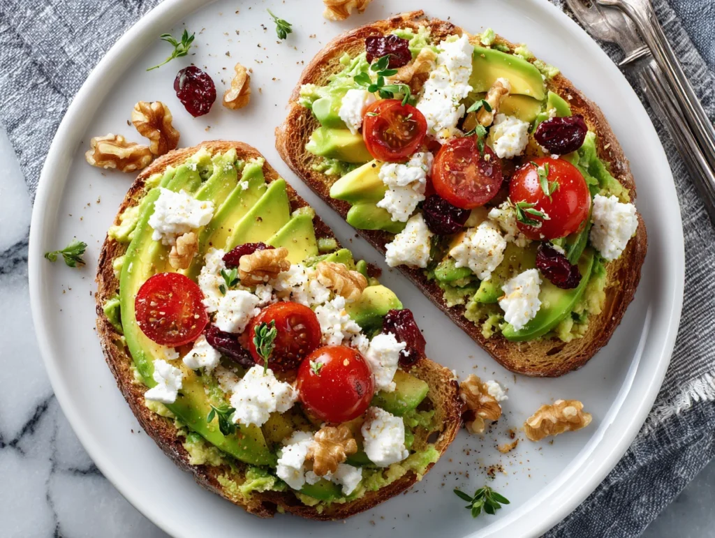 Avocado Toast with Feta Cherry Tomatoes Cranberries Walnuts