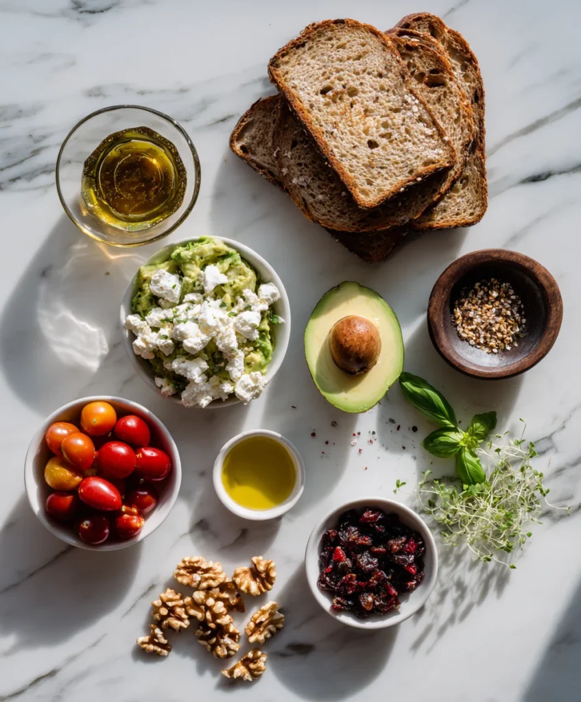 Avocado Toast with Feta Cherry Tomatoes Cranberries Walnuts