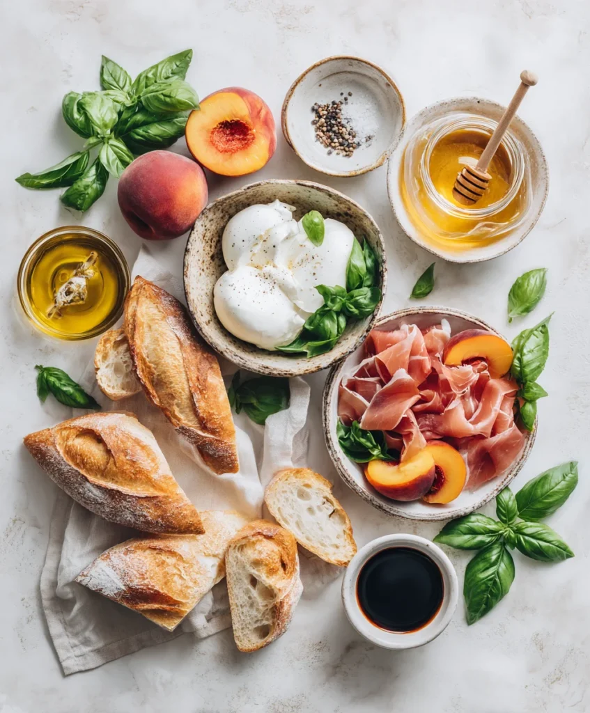 Burrata Crostini with Prosciutto and Peaches
