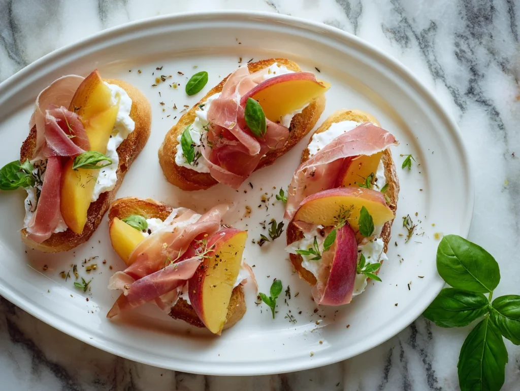 Burrata Crostini with Prosciutto and Peaches