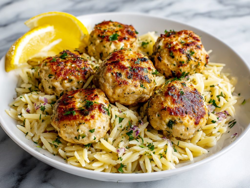 Greek Chicken Meatballs with Lemon Orzo