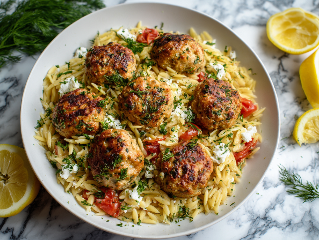 Greek Chicken Meatballs with Lemon Orzo