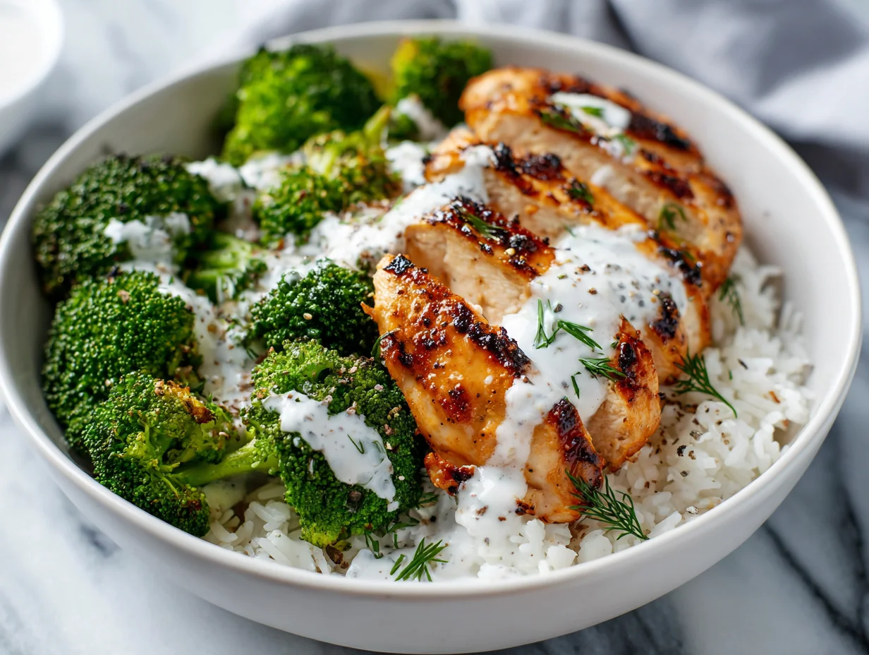 Grilled Chicken Broccoli Bowls with Garlic Sauce