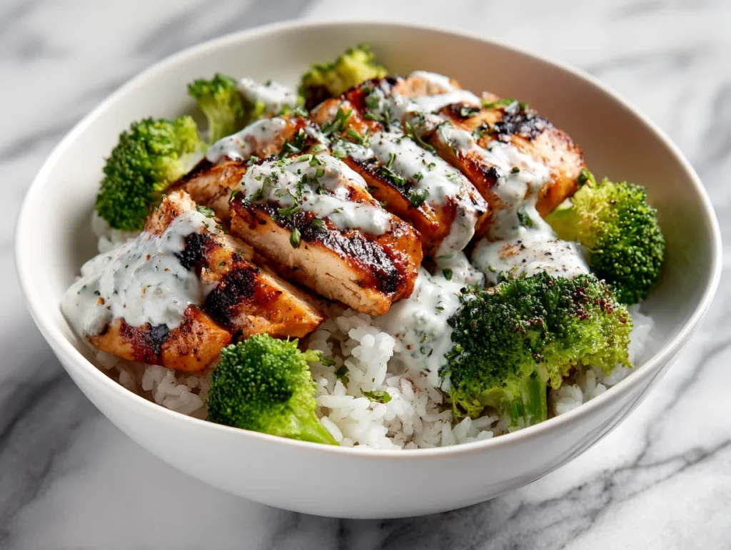 Grilled Chicken Broccoli Bowls with Garlic Sauce