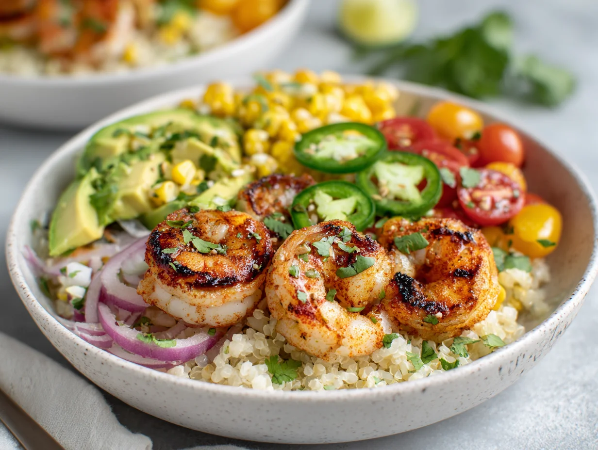 Grilled Shrimp Bowl with Avocado Corn Salsa