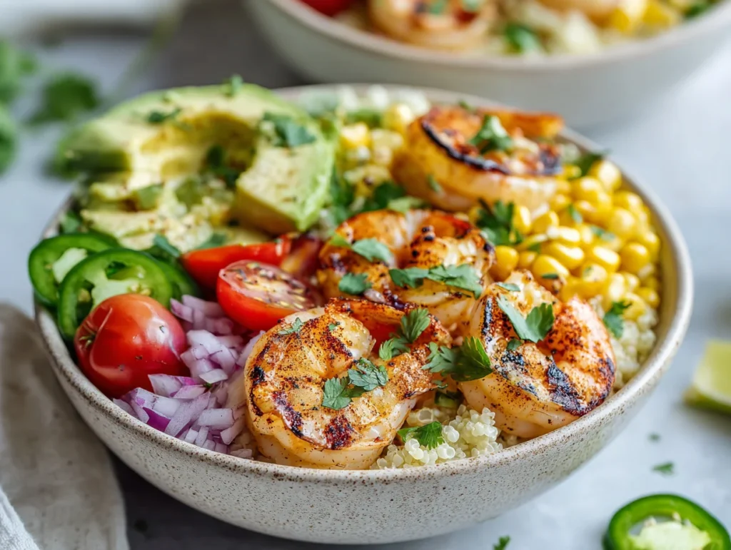 Grilled Shrimp Bowl with Avocado Corn Salsa