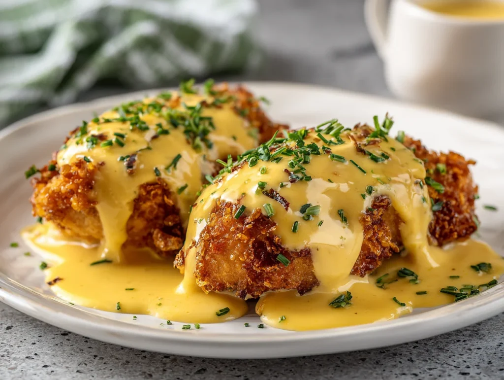 Pretzel Chicken with Mustard Cheddar Sauce